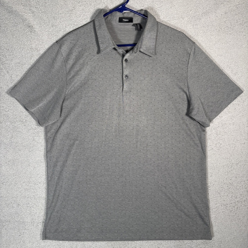 Theory Mens Bron B Darick Gray Geometric Print Pima Cotton Polo Shirt XL Preppy
